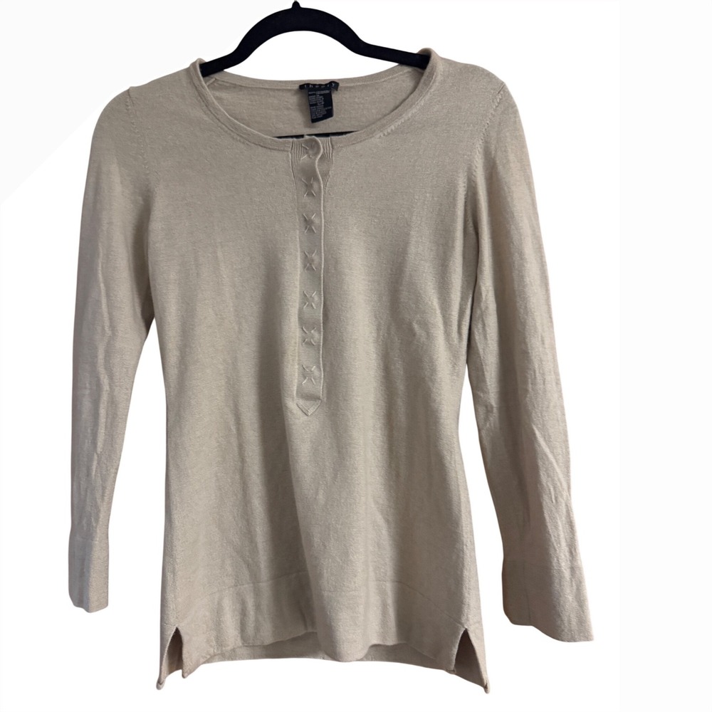 Theory 100% Cashmere Henley Sweater Beige Oatmeal Long Sleeve Small